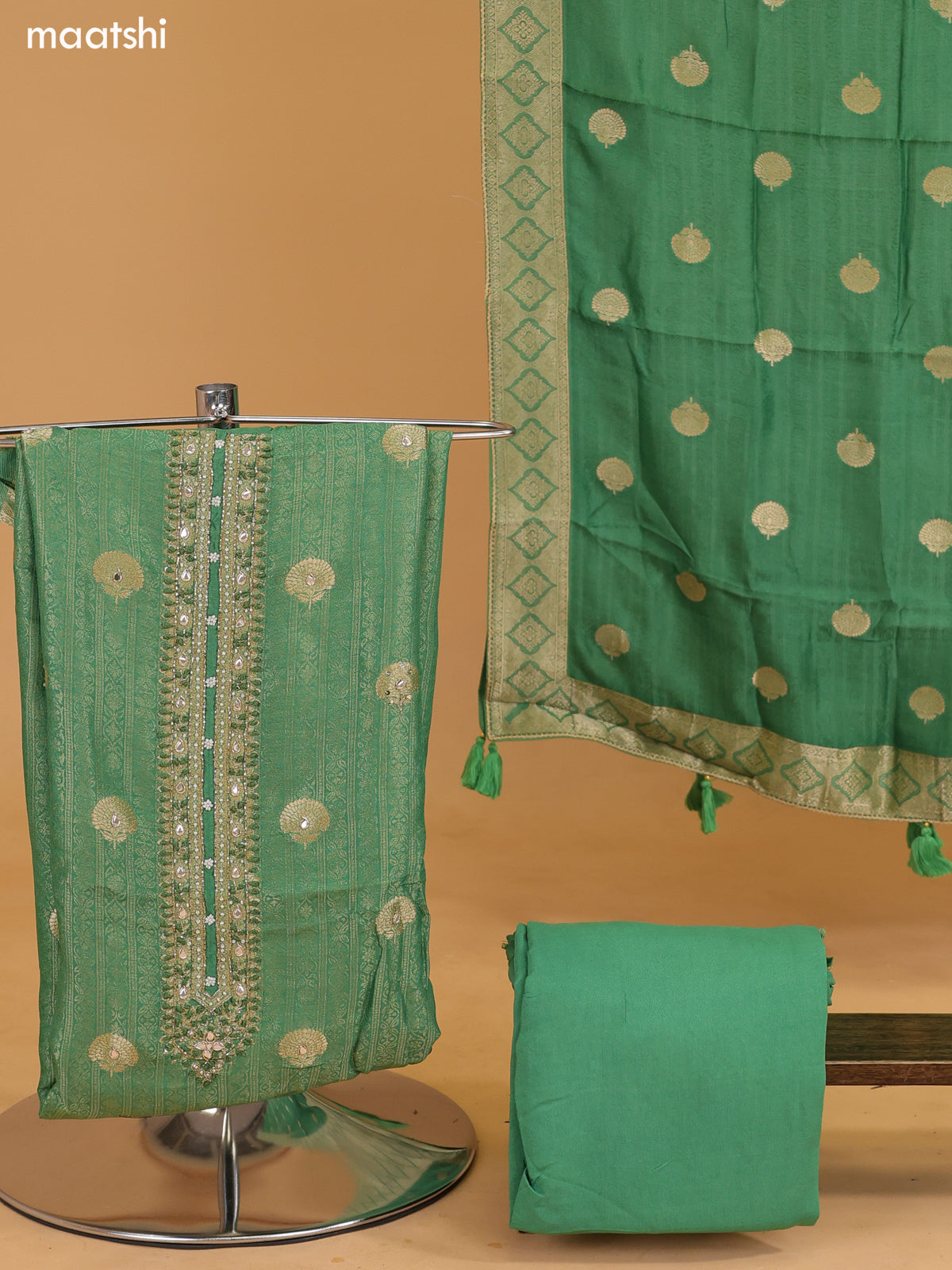 Pale Green Banarasi Silk Dress Material With Allover Zari Weaves and Bottom & Dupatta