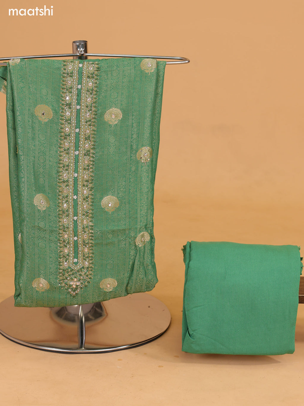 Pale Green Banarasi Silk Dress Material With Allover Zari Weaves and Bottom & Dupatta