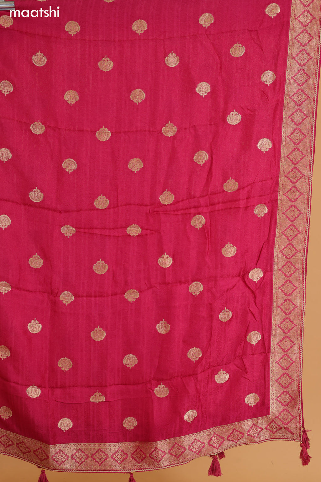 Rani Pink Banarasi Silk Dress Material With Allover Zari Weaves and Bottom & Dupatta