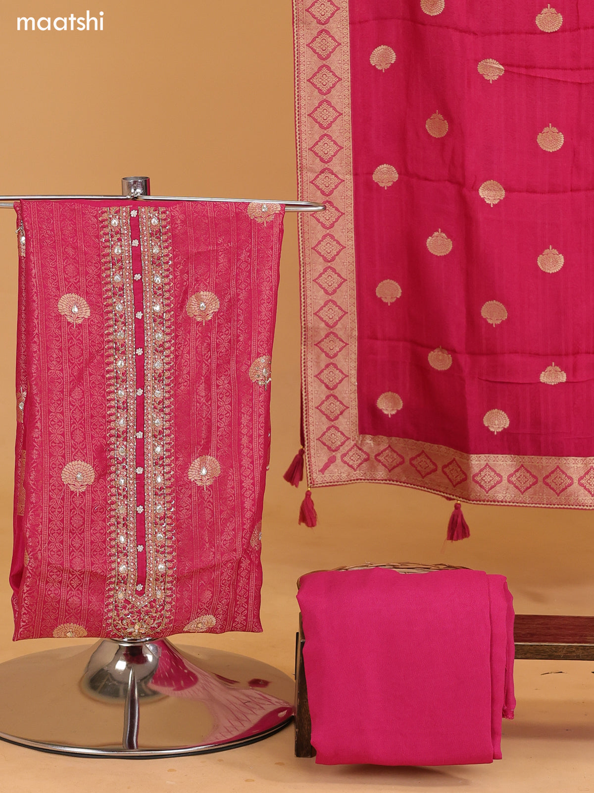 Rani Pink Banarasi Silk Dress Material With Allover Zari Weaves and Bottom & Dupatta