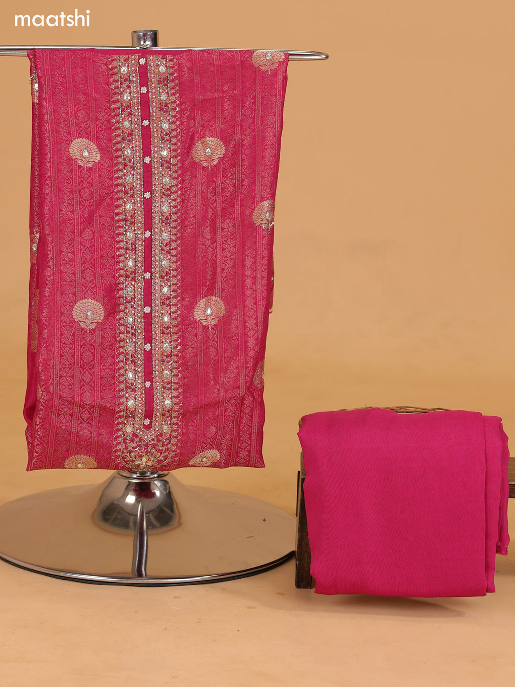 Rani Pink Banarasi Silk Dress Material With Allover Zari Weaves and Bottom & Dupatta