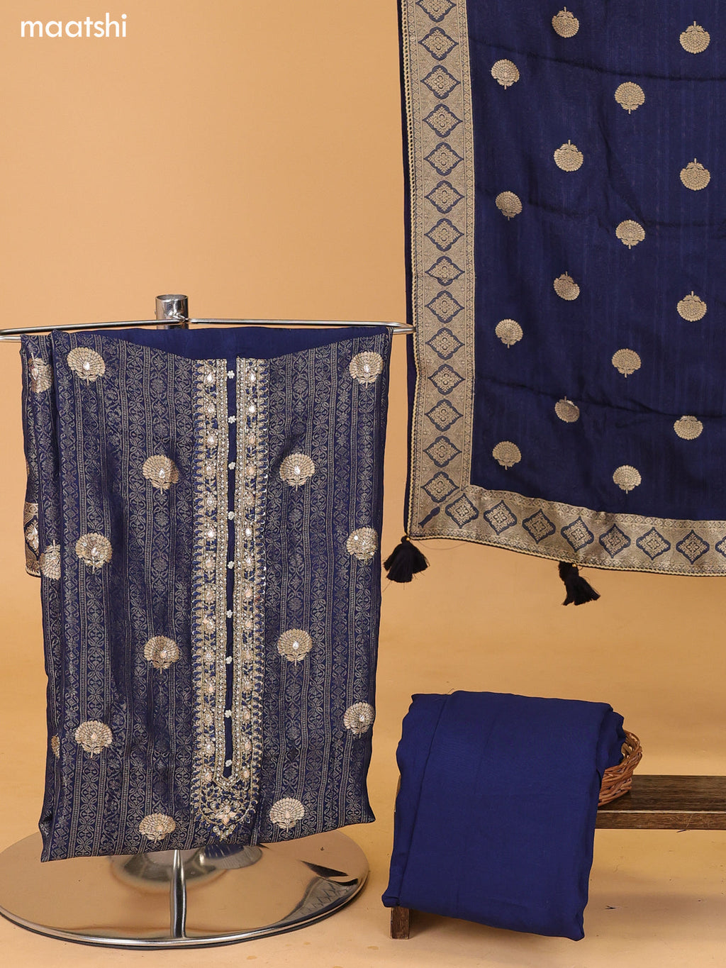 Navy Blue Banarasi Silk Dress Material With Allover Zari Weaves and Bottom & Dupatta