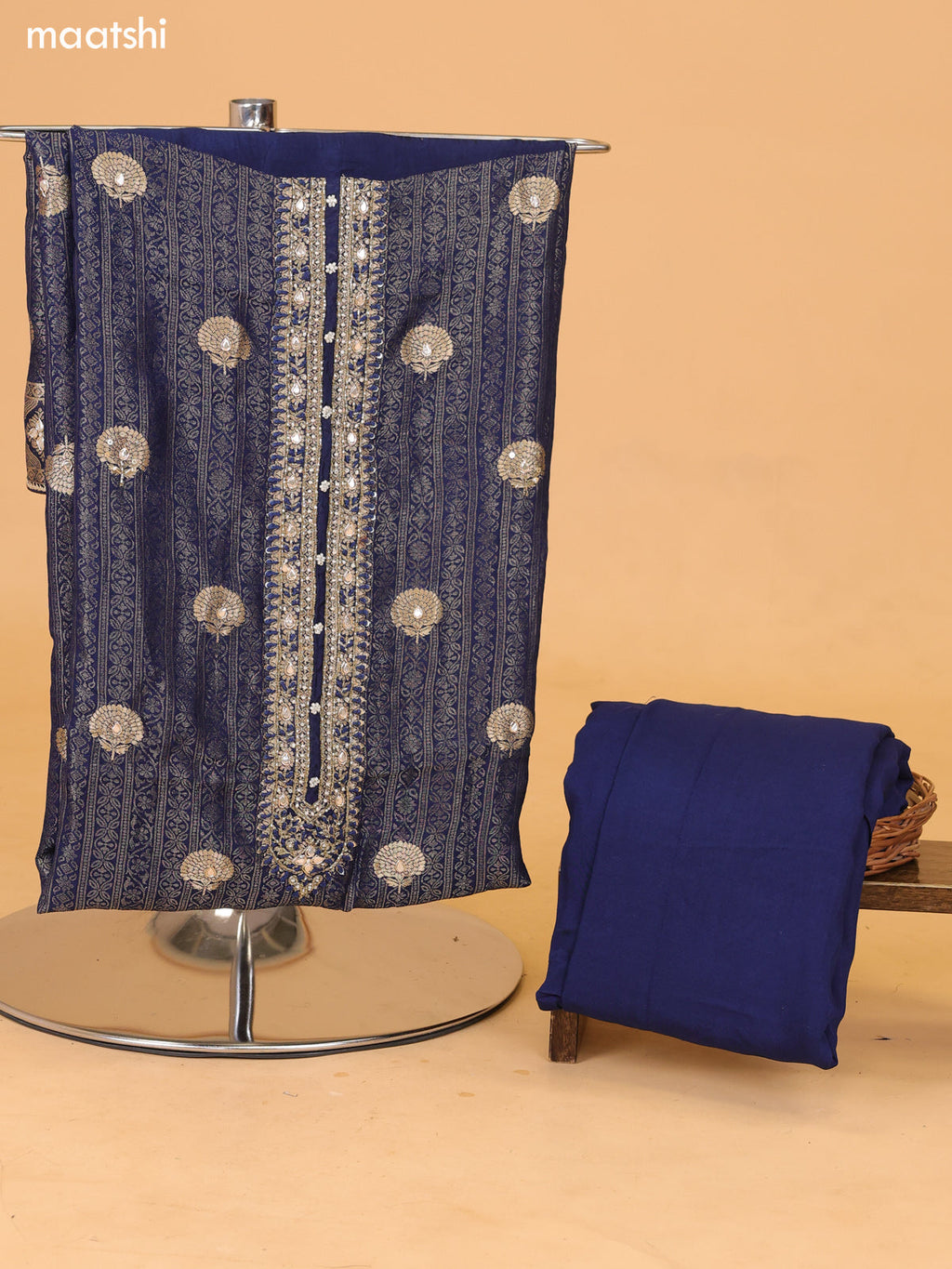 Navy Blue Banarasi Silk Dress Material With Allover Zari Weaves and Bottom & Dupatta
