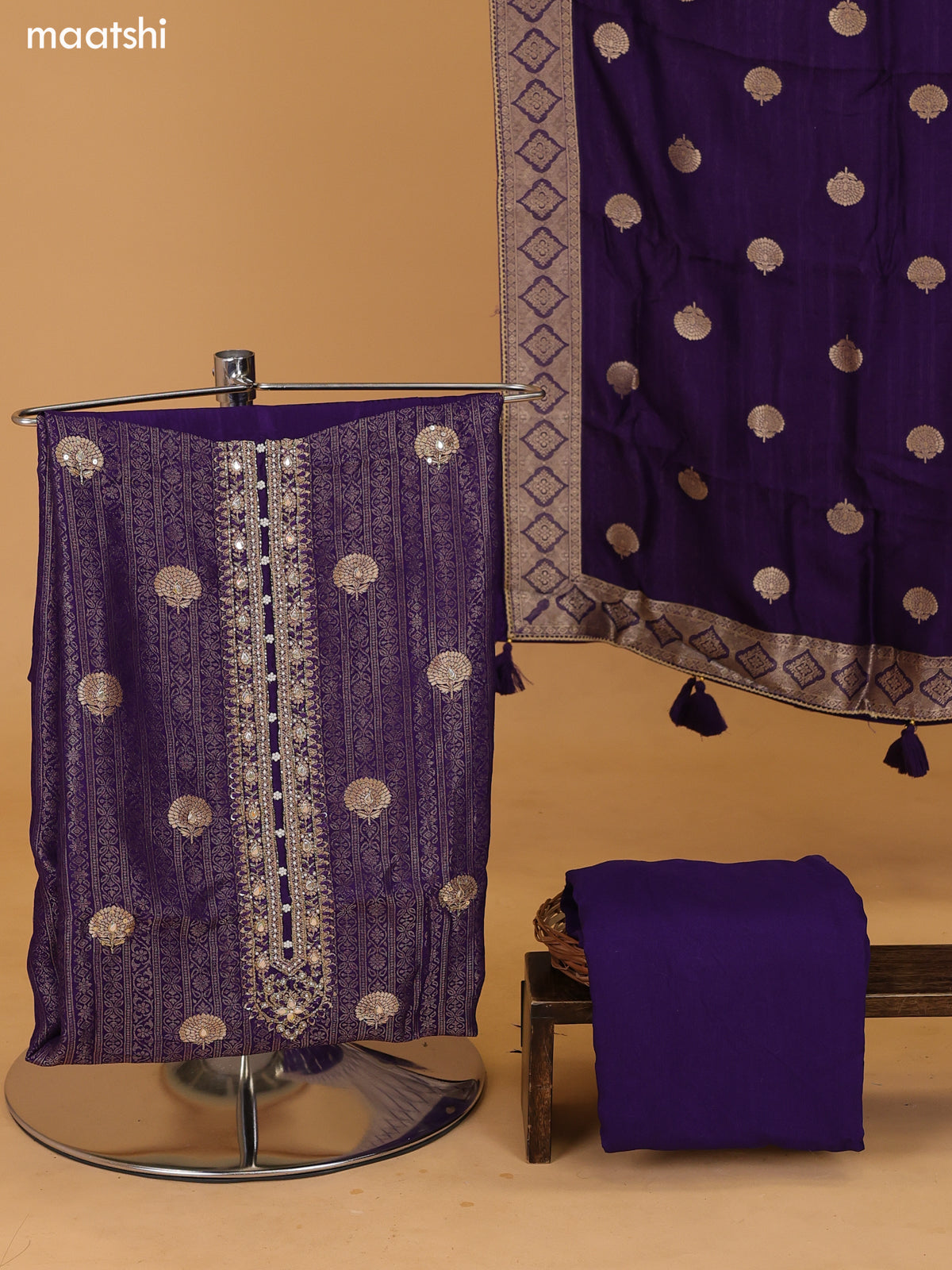 Violet Banarasi Silk Dress Material With Allover Zari Weaves and Bottom & Dupatta