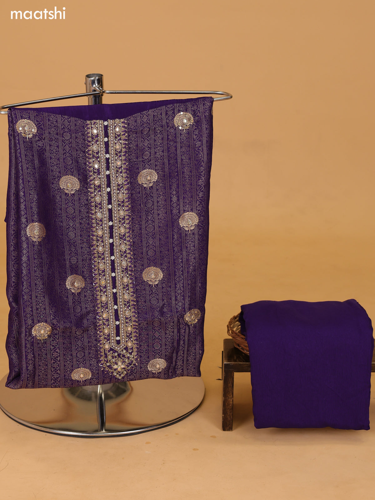 Violet Banarasi Silk Dress Material With Allover Zari Weaves and Bottom & Dupatta