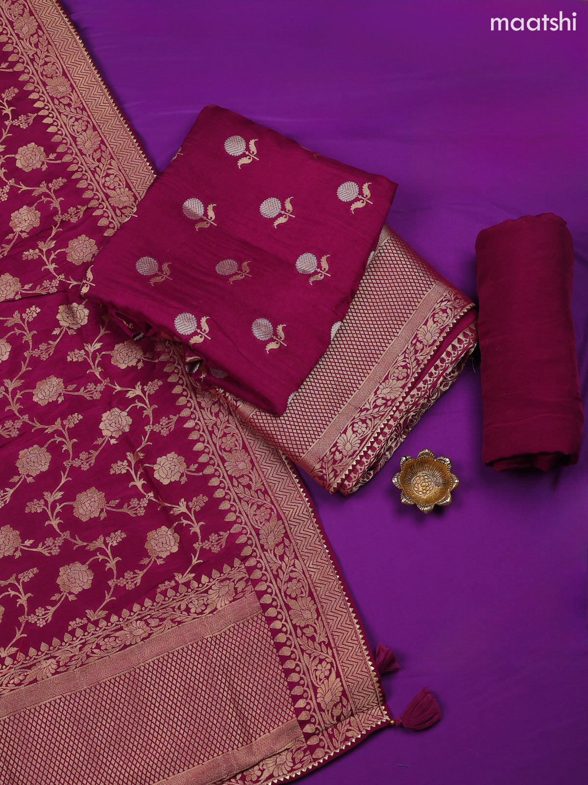 Dark Wine Banarasi Silk Dress Material With Allover Zari Work and Bottom & Dupatta