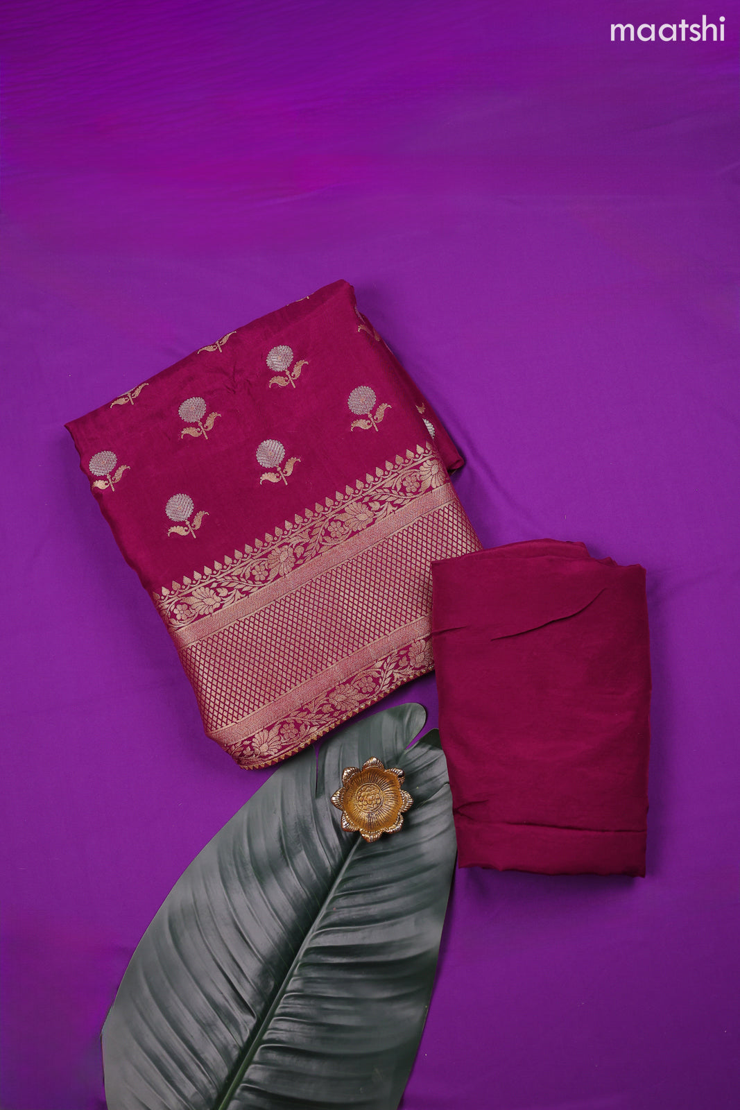 Dark Wine Banarasi Silk Dress Material With Allover Zari Work and Bottom & Dupatta