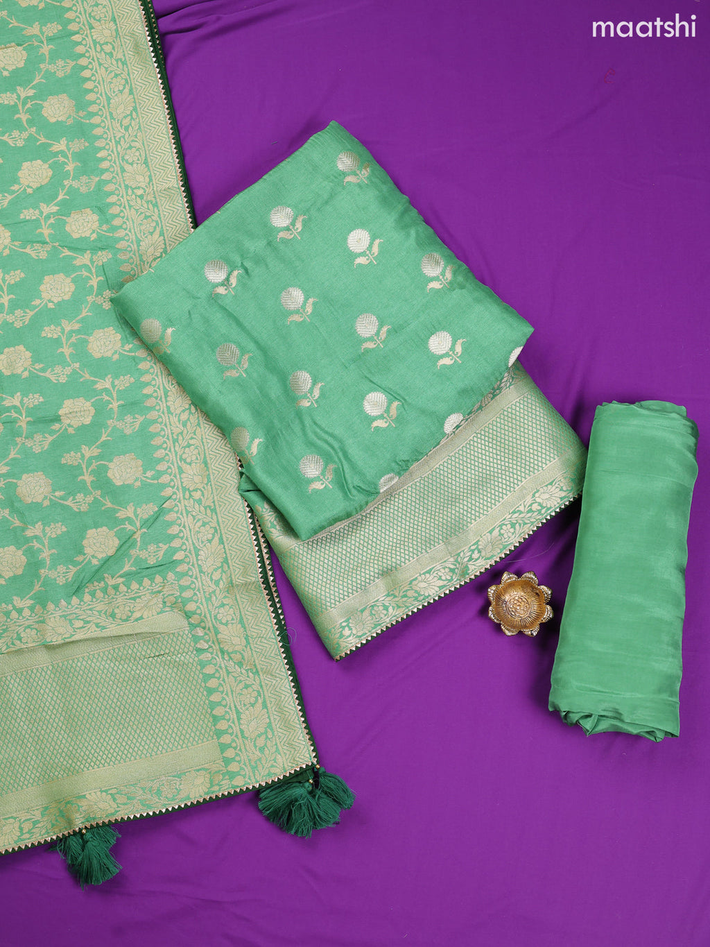Pastel Green Banarasi Silk Dress Material With Allover Zari Work and Bottom & Dupatta