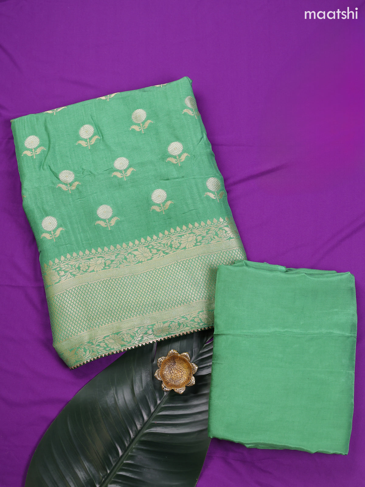 Pastel Green Banarasi Silk Dress Material With Allover Zari Work and Bottom & Dupatta