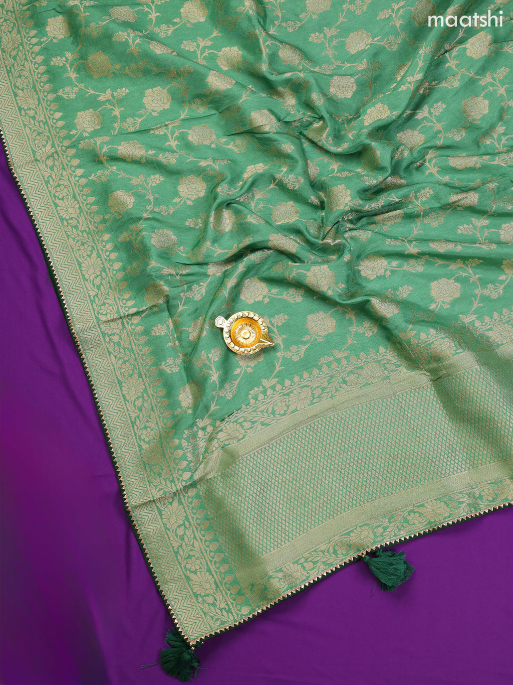 Pastel Green Banarasi Silk Dress Material With Allover Zari Work and Bottom & Dupatta