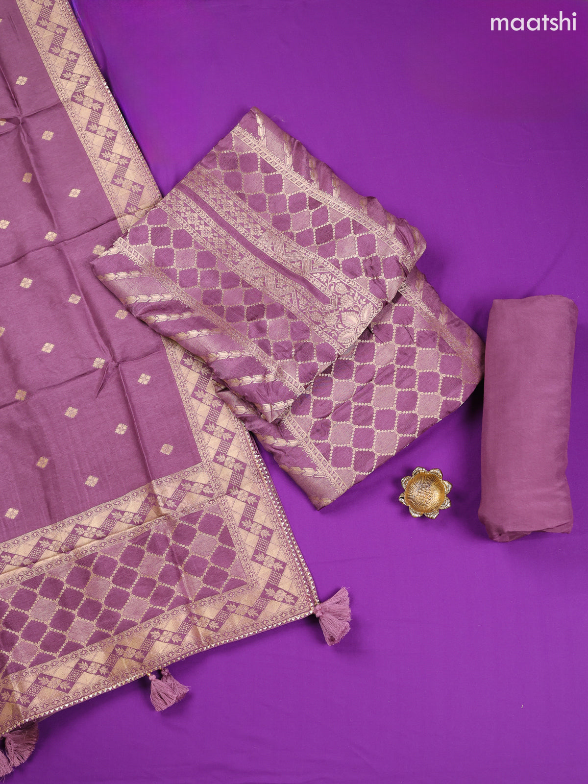 Purple Banarasi Silk Dress Material With Allover Zari Work and Bottom & Dupatta