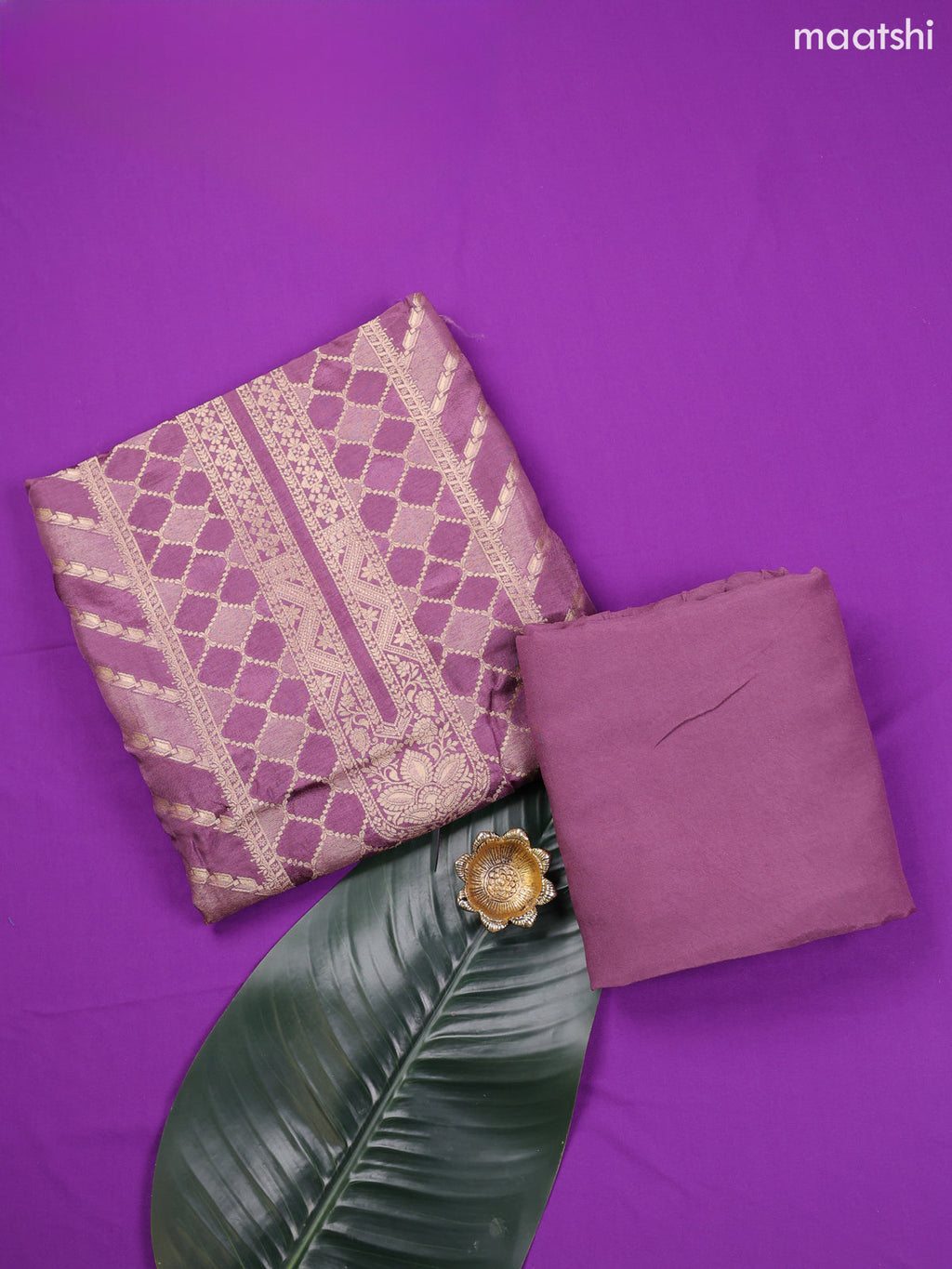 Purple Banarasi Silk Dress Material With Allover Zari Work and Bottom & Dupatta
