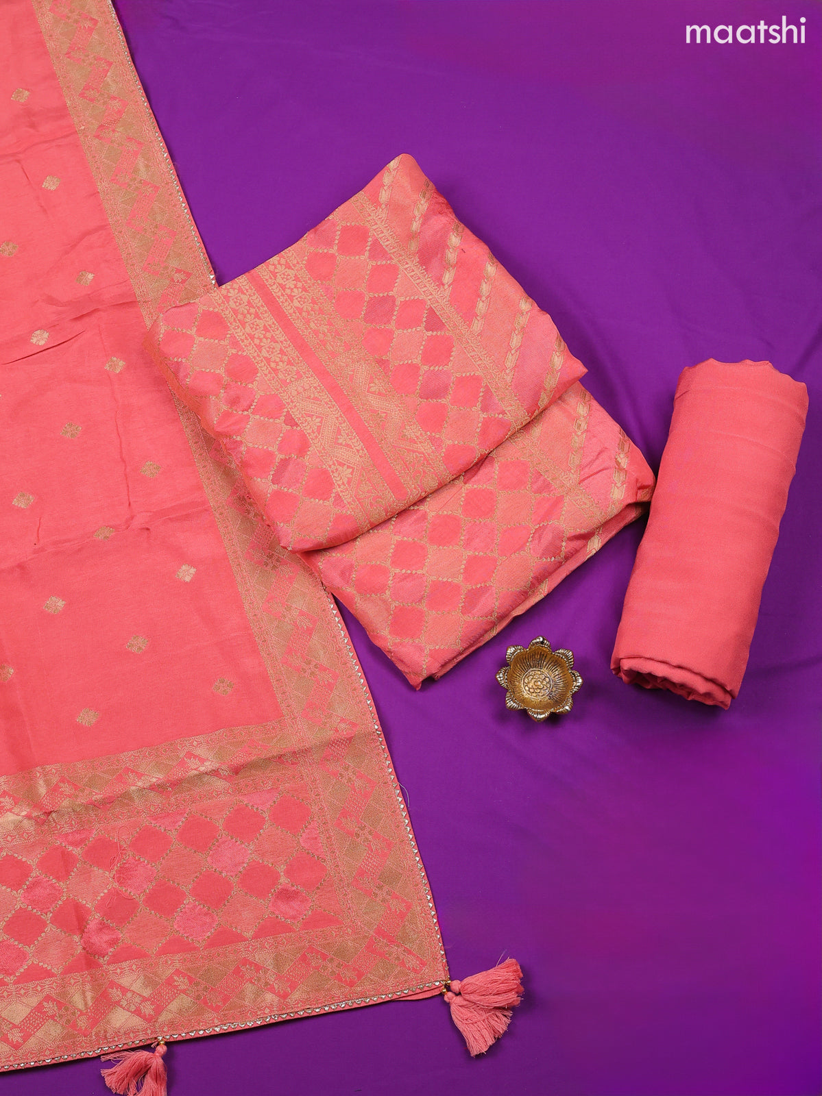Mauve Pink Banarasi Silk Dress Material With Allover Zari Work and Bottom & Dupatta