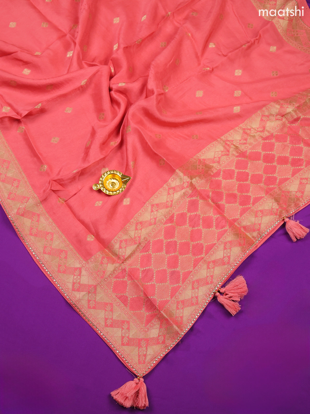Mauve Pink Banarasi Silk Dress Material With Allover Zari Work and Bottom & Dupatta