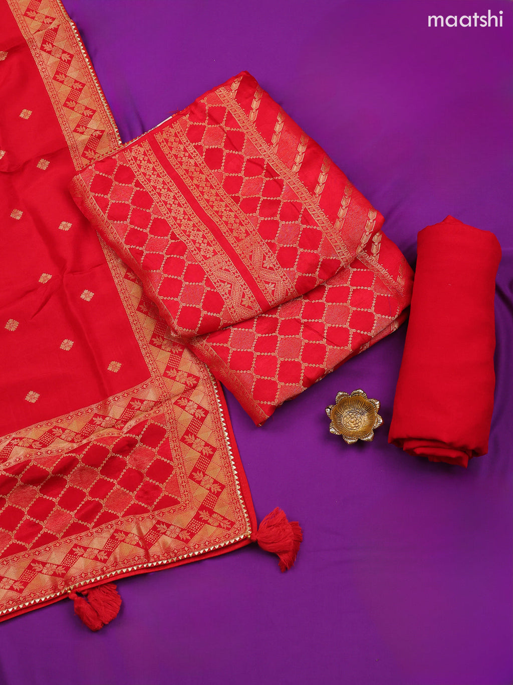 Red Banarasi Silk Dress Material With Allover Zari Work and Bottom & Dupatta
