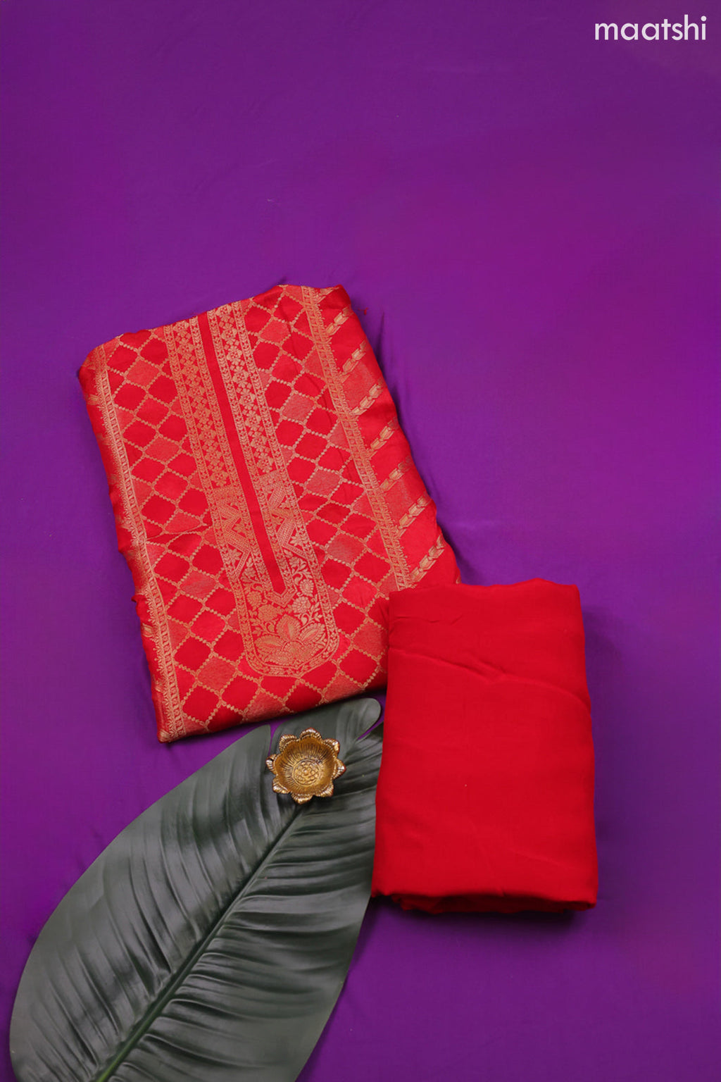 Red Banarasi Silk Dress Material With Allover Zari Work and Bottom & Dupatta