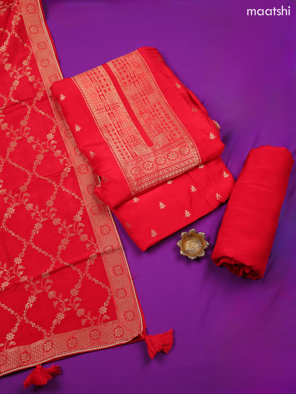 Red Banarasi Silk Dress Material With Allover Zari Work Neck Pattern and Bottom & Dupatta