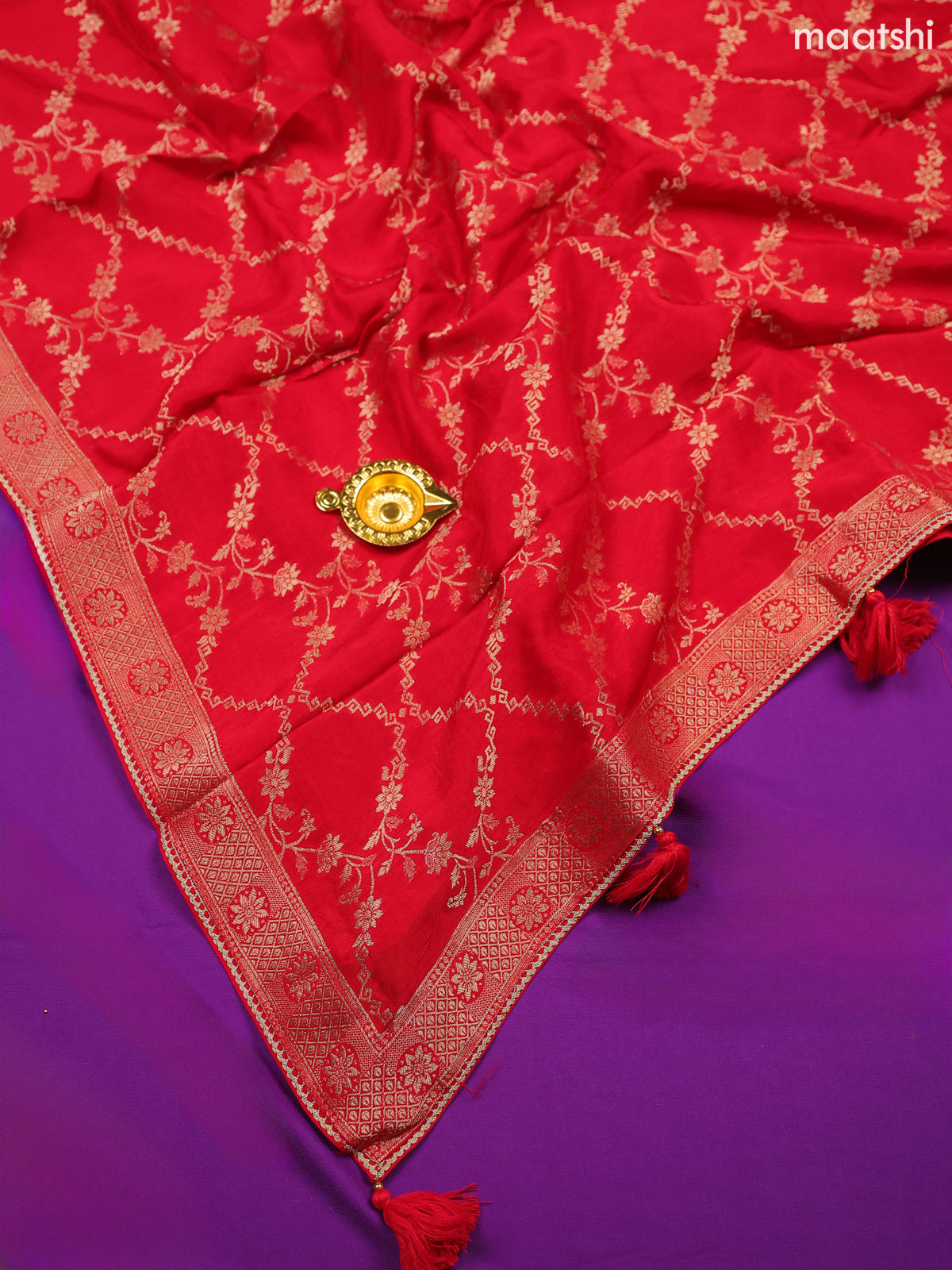 Red Banarasi Silk Dress Material With Allover Zari Work Neck Pattern and Bottom & Dupatta