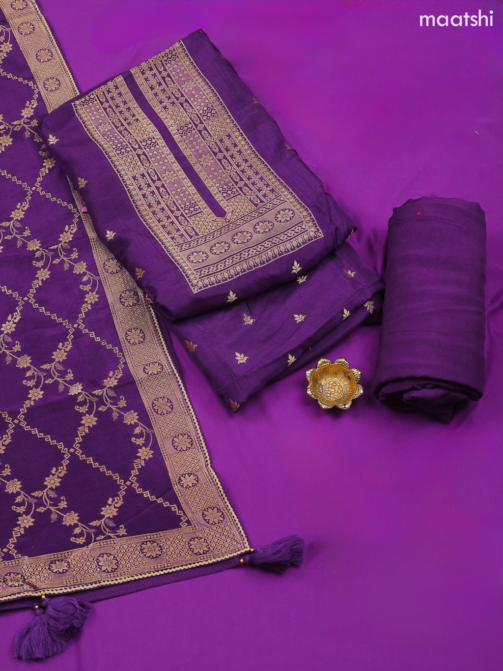 Dark Violet Banarasi Silk Dress Material With Allover Zari Work Neck Pattern and Bottom & Dupatta