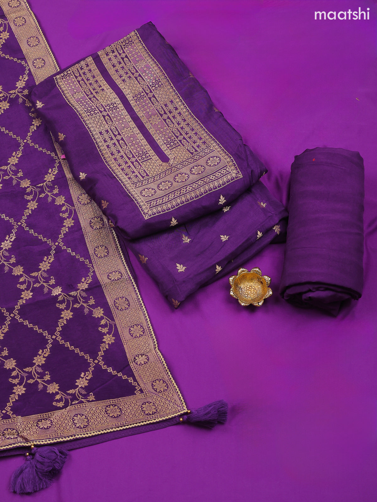 Dark Violet Banarasi Silk Dress Material With Allover Zari Work Neck Pattern and Bottom & Dupatta