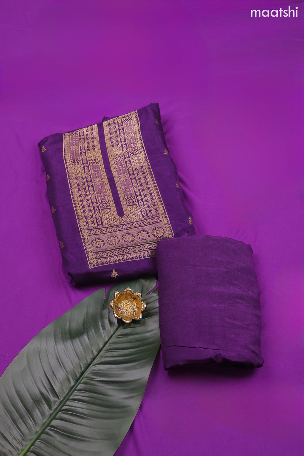 Dark Violet Banarasi Silk Dress Material With Allover Zari Work Neck Pattern and Bottom & Dupatta