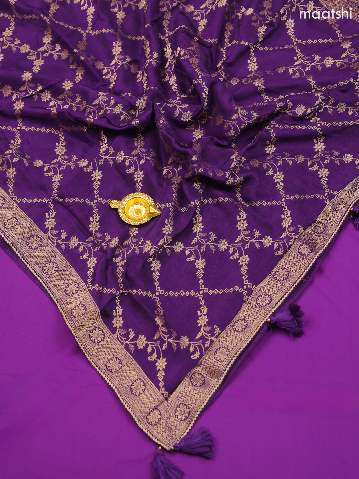 Dark Violet Banarasi Silk Dress Material With Allover Zari Work Neck Pattern and Bottom & Dupatta