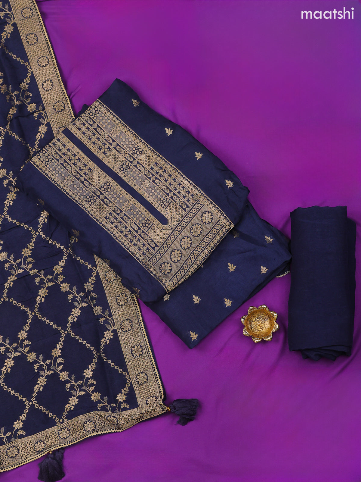 Navy Blue Banarasi Silk Dress Material With Allover Zari Work Neck Pattern and Bottom & Dupatta