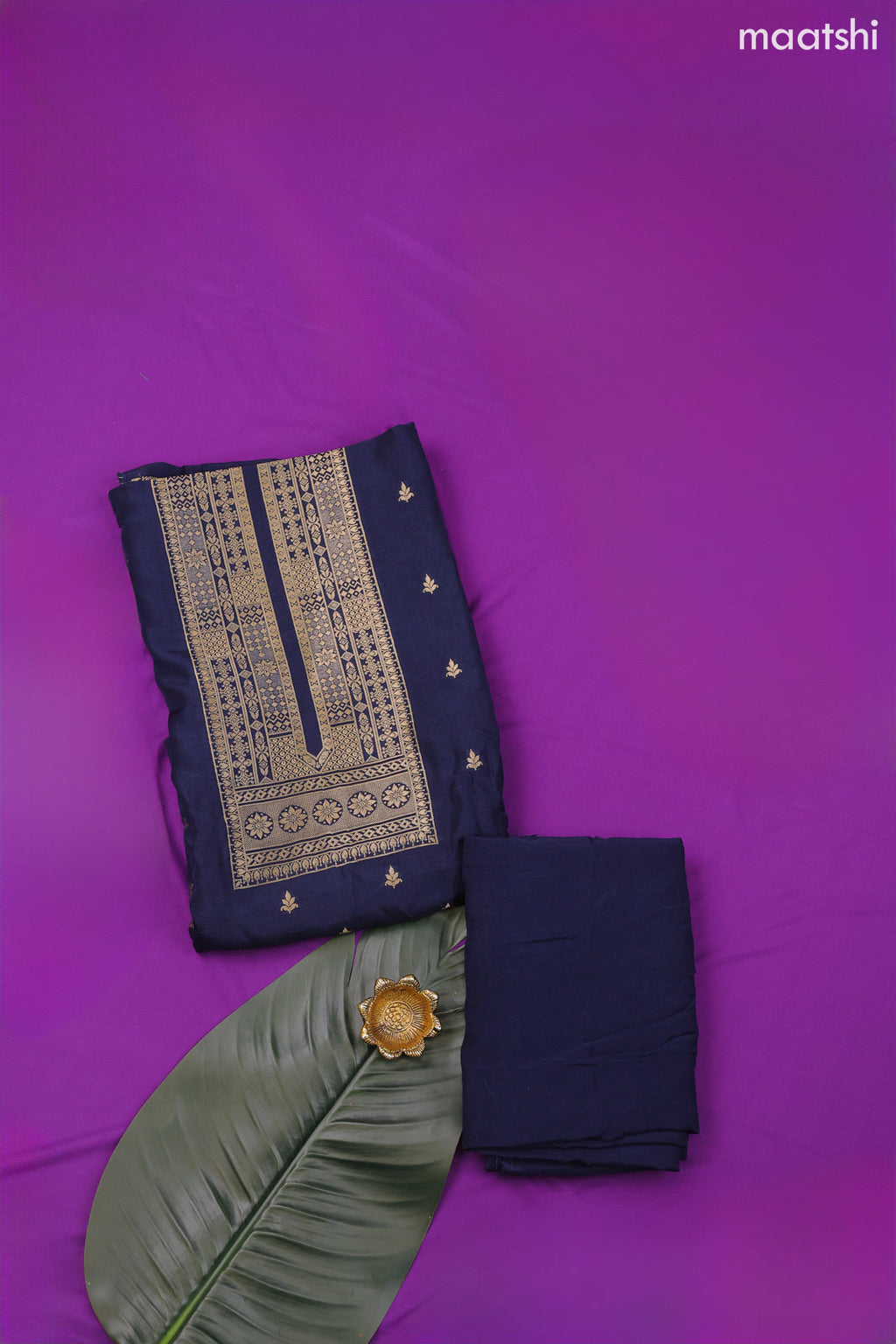 Navy Blue Banarasi Silk Dress Material With Allover Zari Work Neck Pattern and Bottom & Dupatta