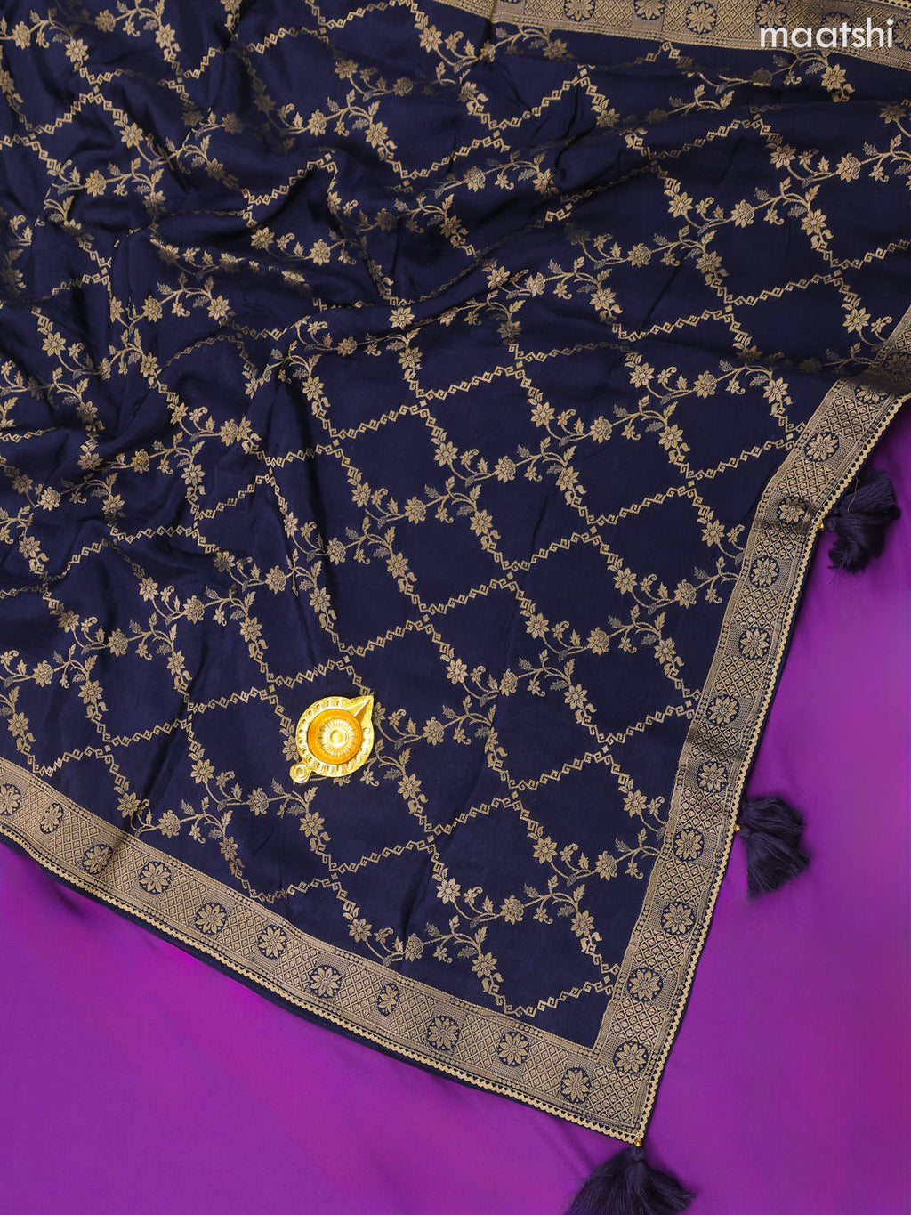 Navy Blue Banarasi Silk Dress Material With Allover Zari Work Neck Pattern and Bottom & Dupatta