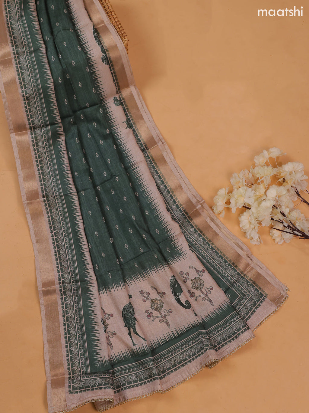 Green Art Tussar Dress Material With Prints & Floral Embroidery Work and Bottom & Dupatta