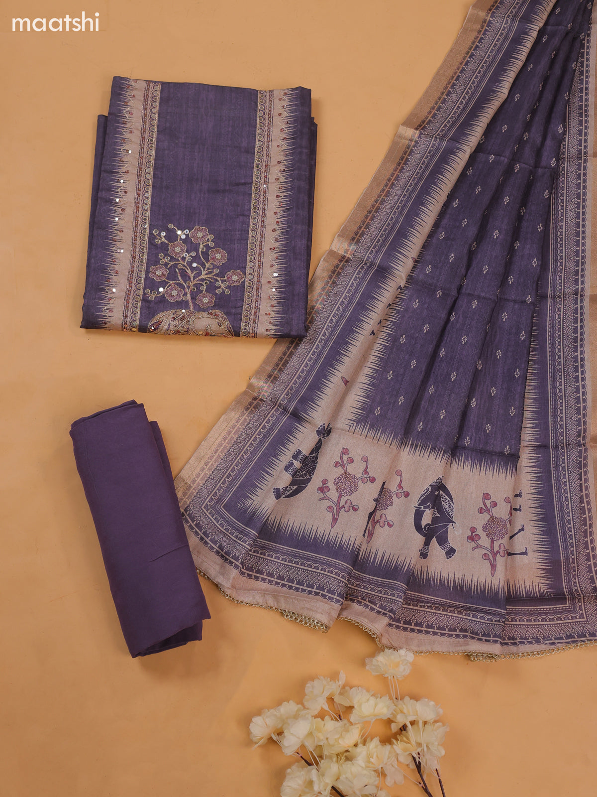 Mild Purple Art Tussar Dress Material With Prints & Floral Embroidery Work and Bottom & Dupatta