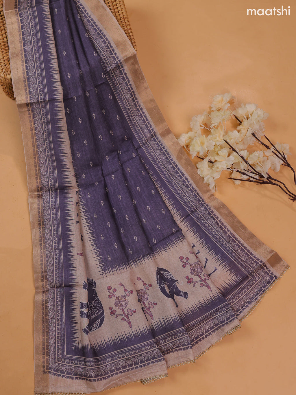 Mild Purple Art Tussar Dress Material With Prints & Floral Embroidery Work and Bottom & Dupatta