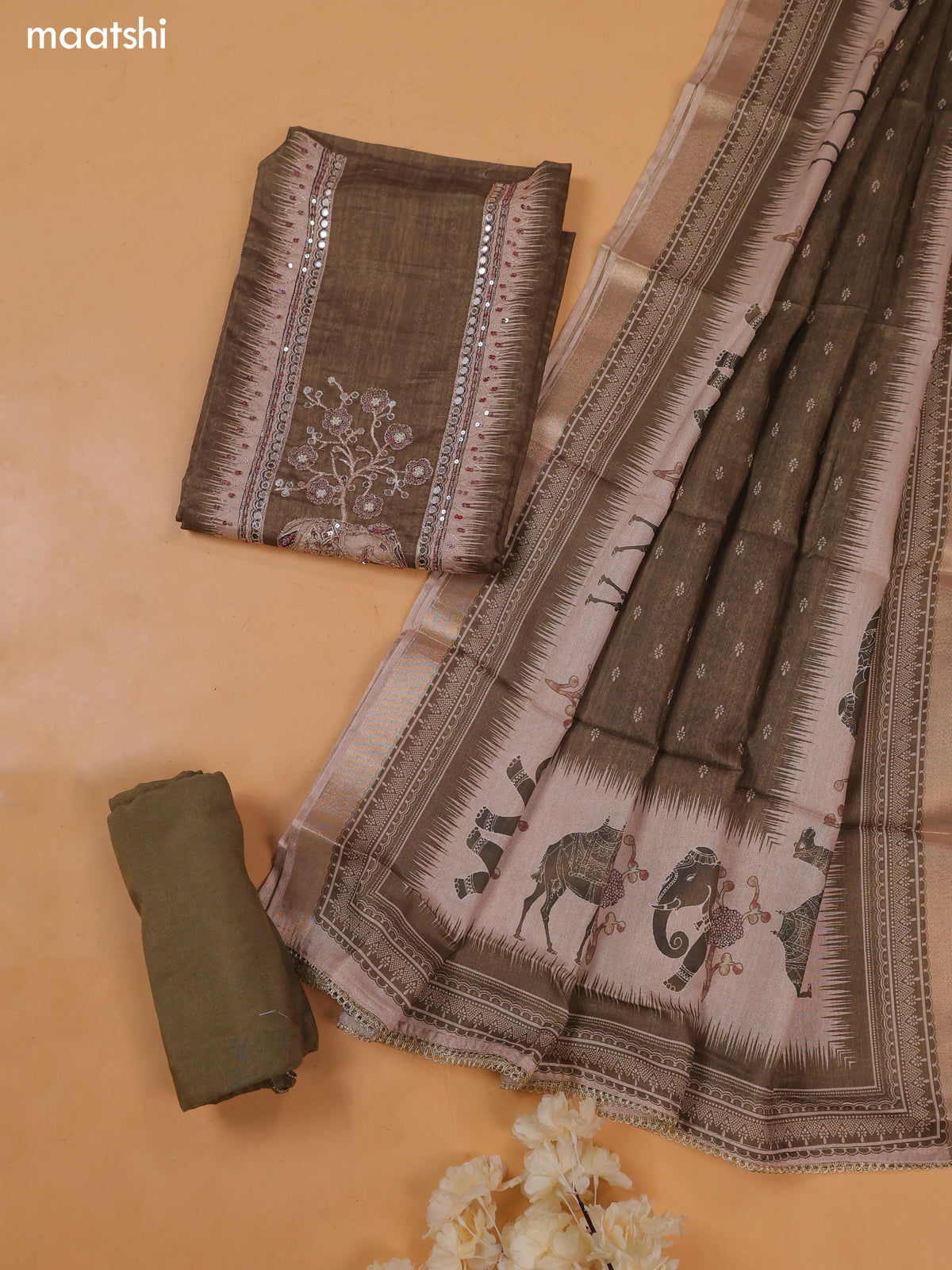 Mehendi Green Art Tussar Dress Material With Prints & Floral Embroidery Work and Bottom & Dupatta