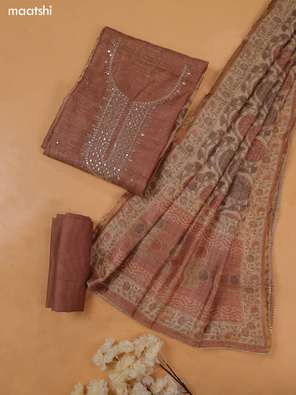 Pastel Brown Art Tussar Dress Material With Embroidery Work Neck Pattern and Bottom & Dupatta