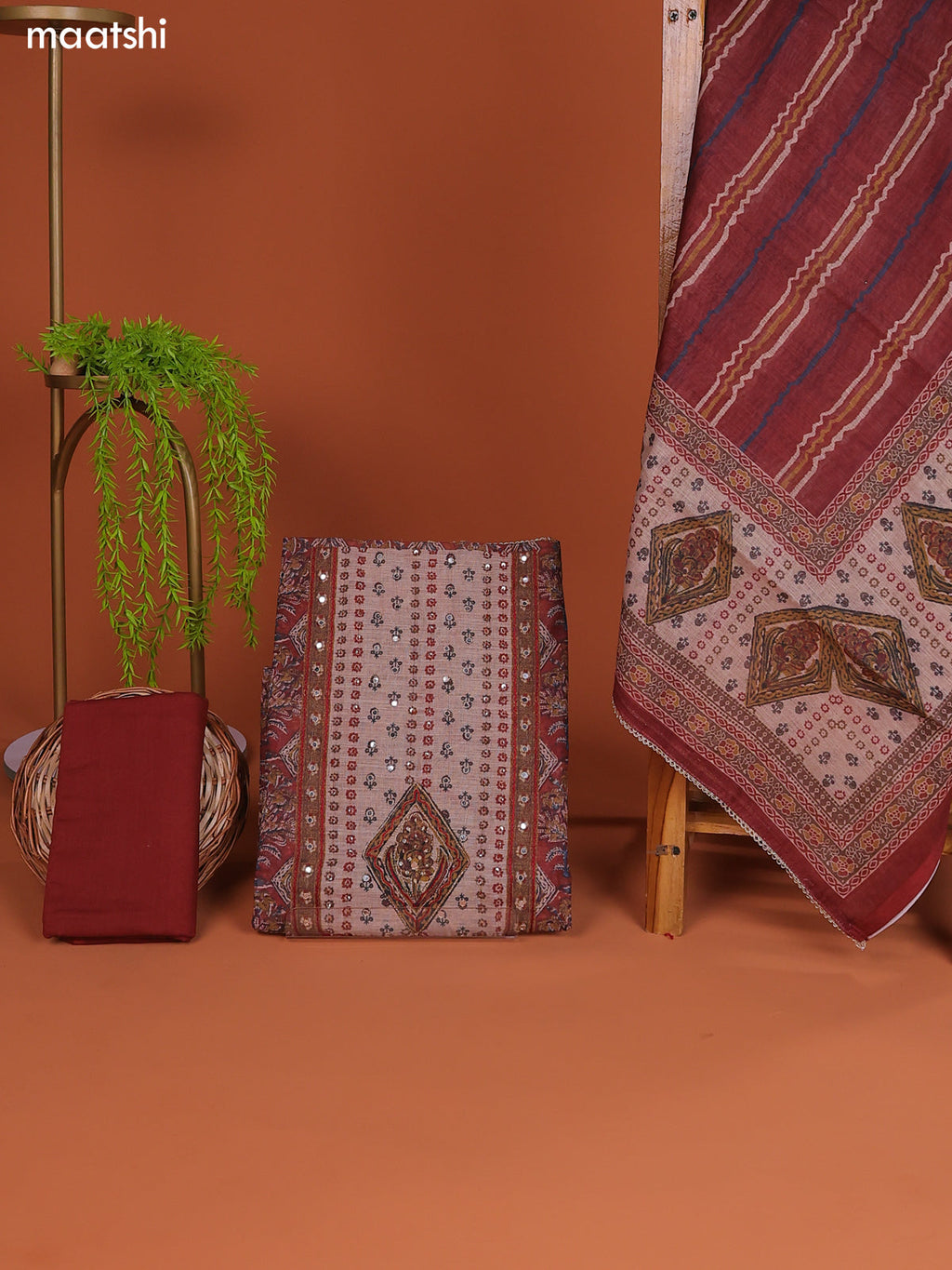 Maroon and Cream Linen Cotton Dress Material With Prints & Embroidery Work Neck Pattern
