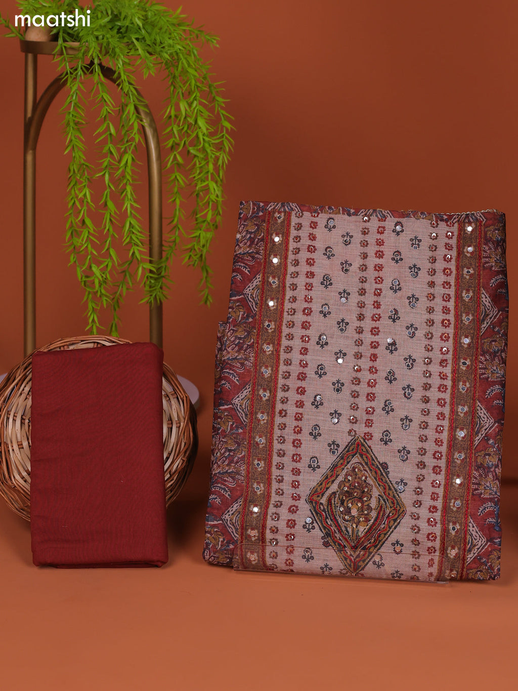Maroon and Cream Linen Cotton Dress Material With Prints & Embroidery Work Neck Pattern