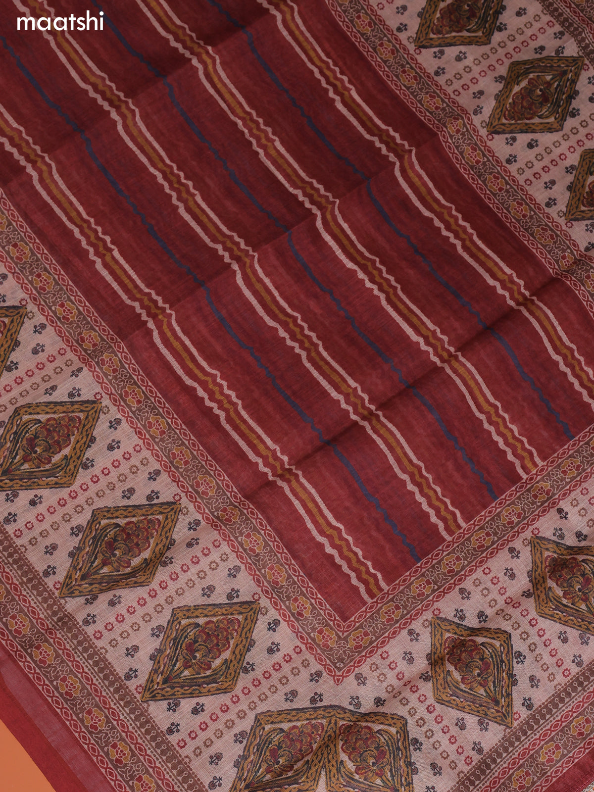 Maroon and Cream Linen Cotton Dress Material With Prints & Embroidery Work Neck Pattern