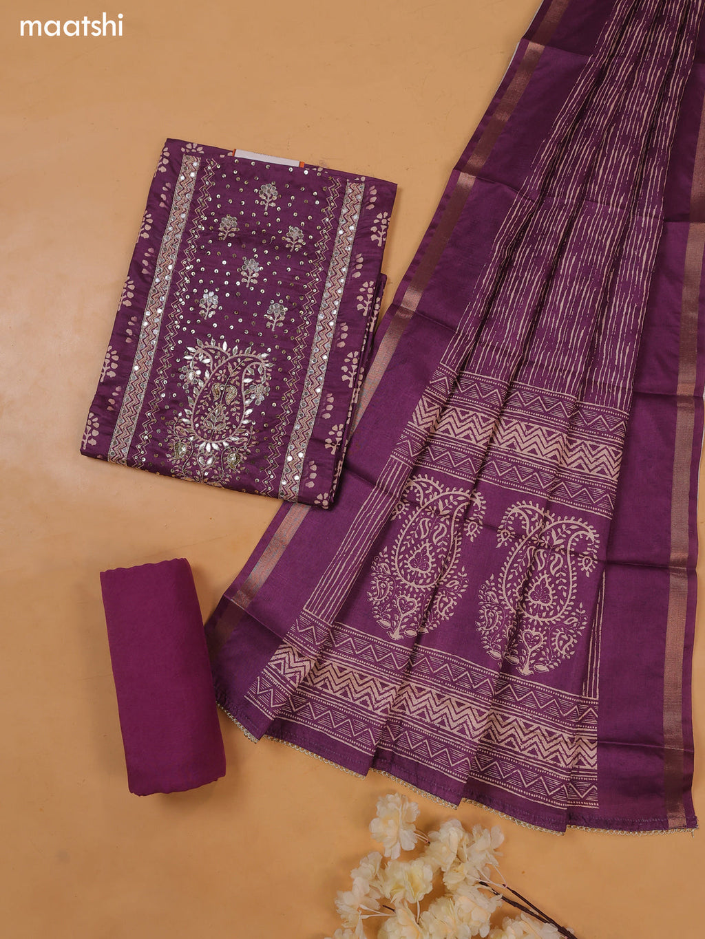 Purple Art Tussar Dress Material With Prints & Floral Embroidery Work and Bottom & Dupatta