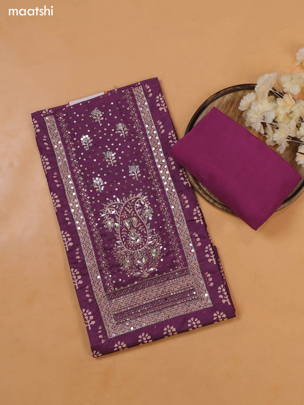 Purple Art Tussar Dress Material With Prints & Floral Embroidery Work and Bottom & Dupatta