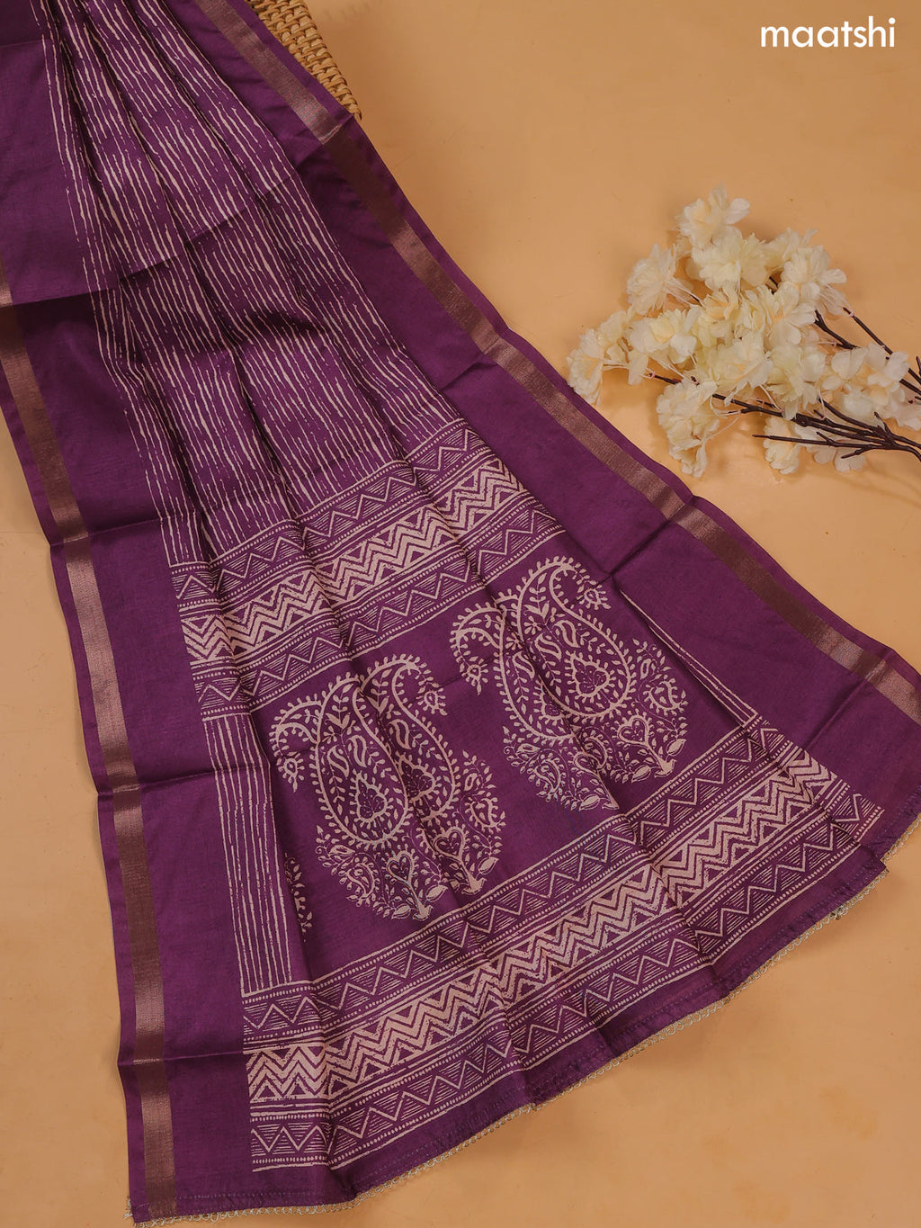 Purple Art Tussar Dress Material With Prints & Floral Embroidery Work and Bottom & Dupatta