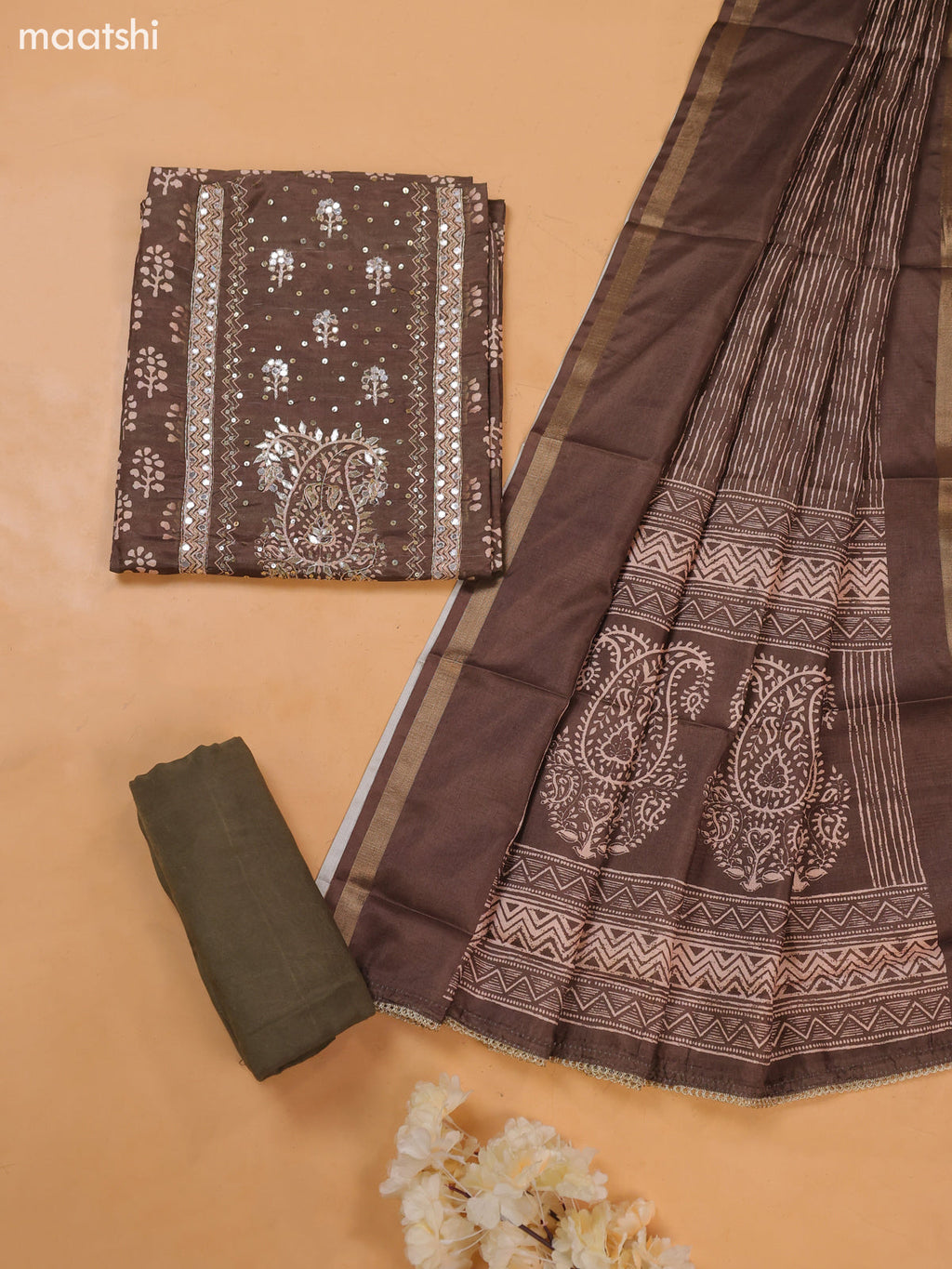 Dark Mehendi Green Art Tussar Dress Material With Prints & Floral Embroidery Work and Bottom & Dupatta