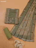 Light Green Art Tussar Dress Material With Floral Embroidery Work and Bottom & Dupatta