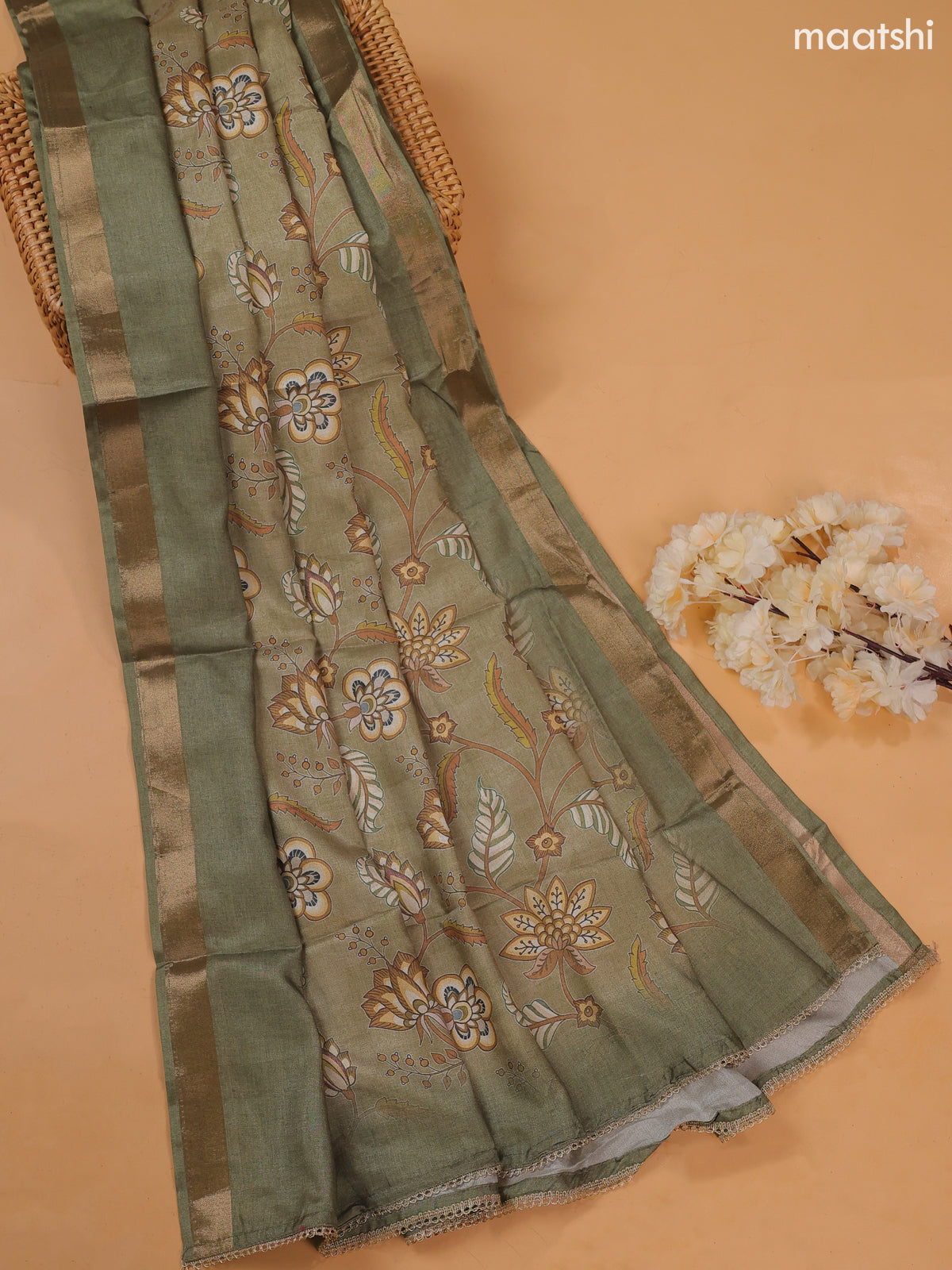 Light Green Art Tussar Dress Material With Floral Embroidery Work and Bottom & Dupatta