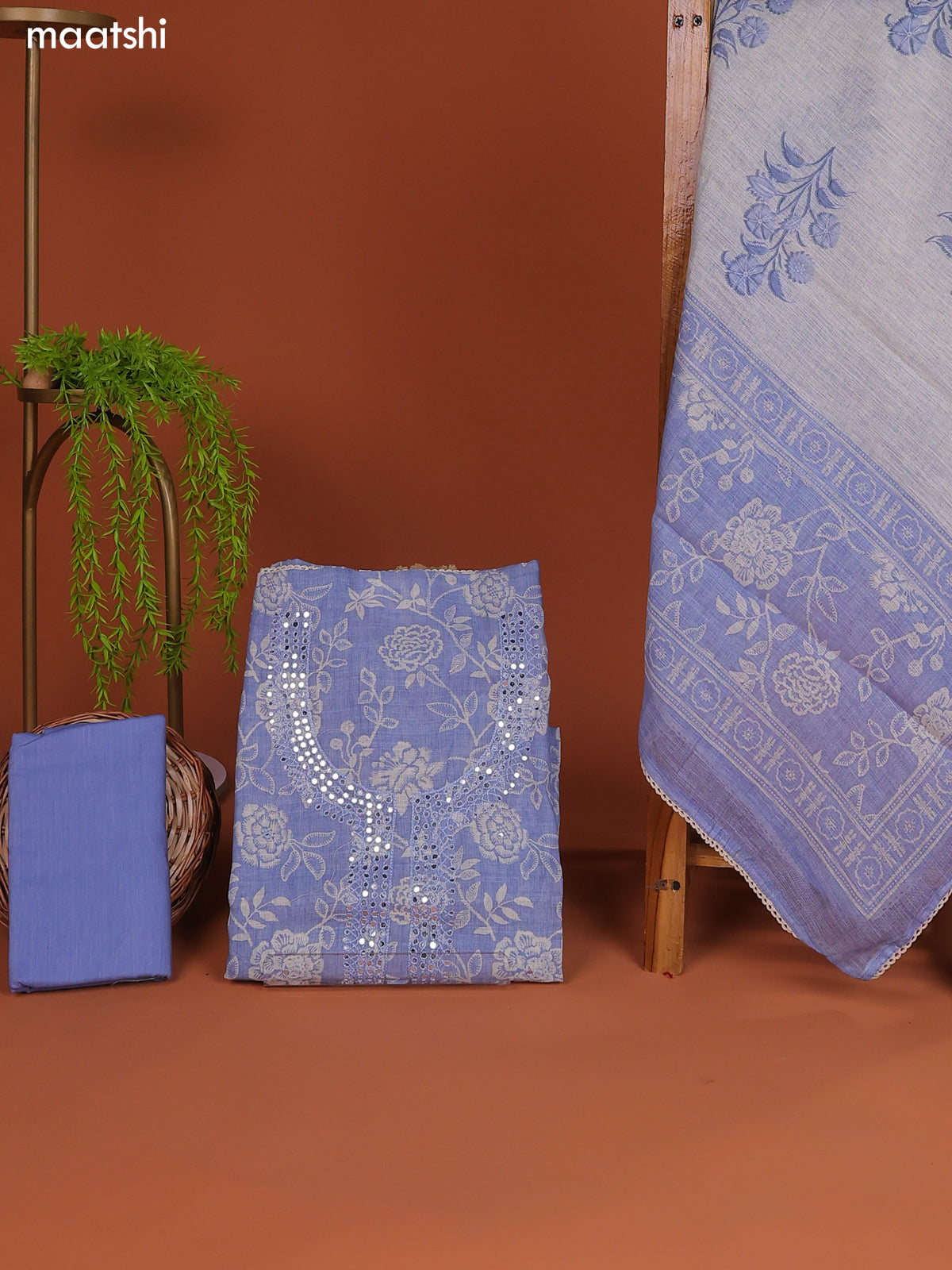Pastel Blue Linen Cotton Dress Material Prints & Embroidery Work Neck Pattern