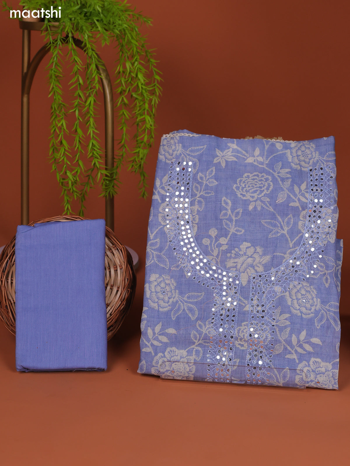 Pastel Blue Linen Cotton Dress Material Prints & Embroidery Work Neck Pattern