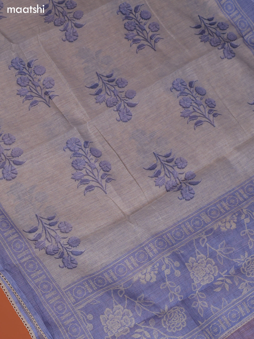 Pastel Blue Linen Cotton Dress Material Prints & Embroidery Work Neck Pattern