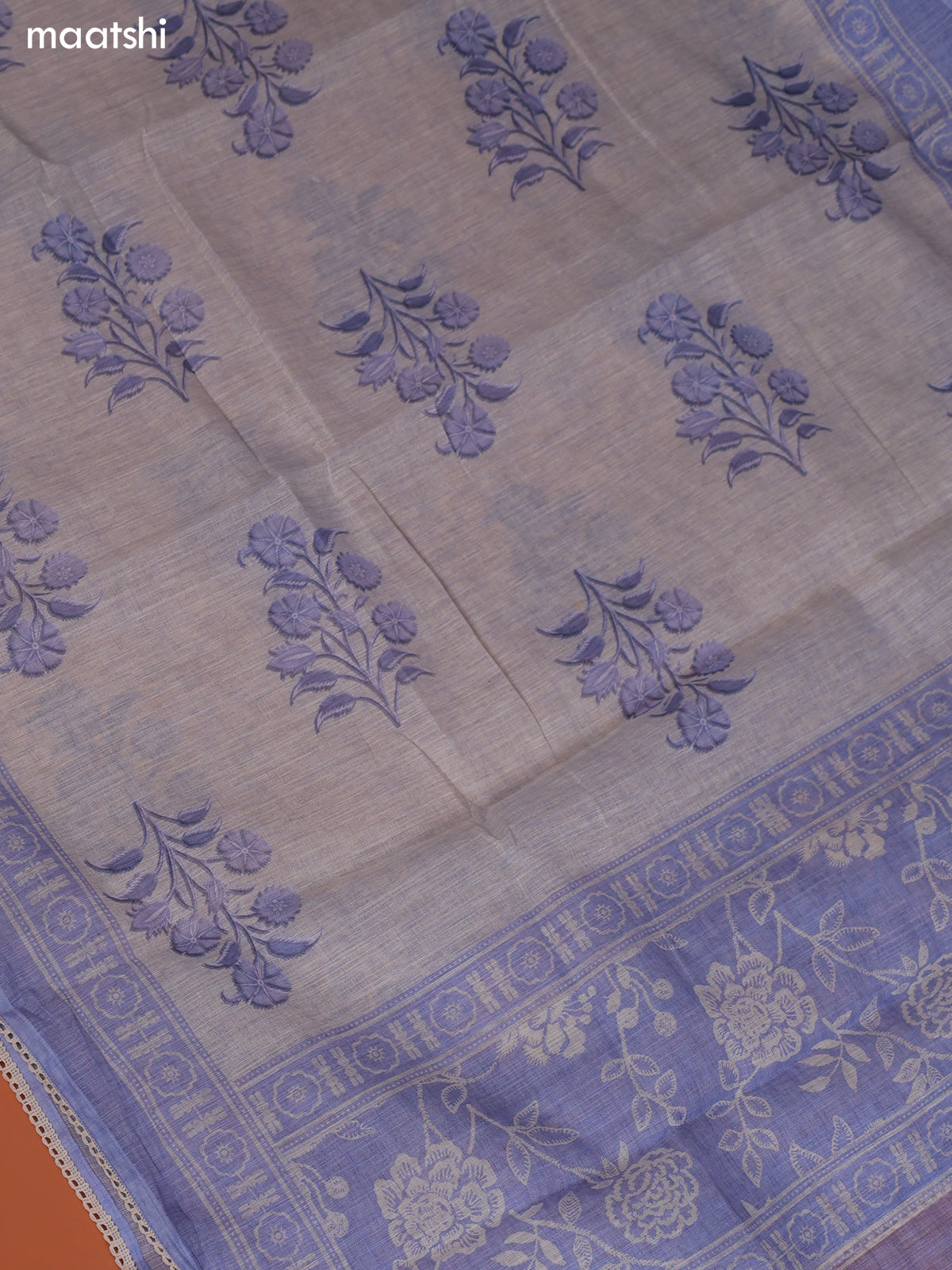 Pastel Blue Linen Cotton Dress Material Prints & Embroidery Work Neck Pattern