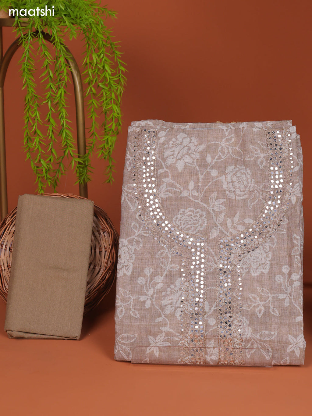 Bluish Grey Linen Cotton Dress Material Prints & Embroidery Work Neck Pattern