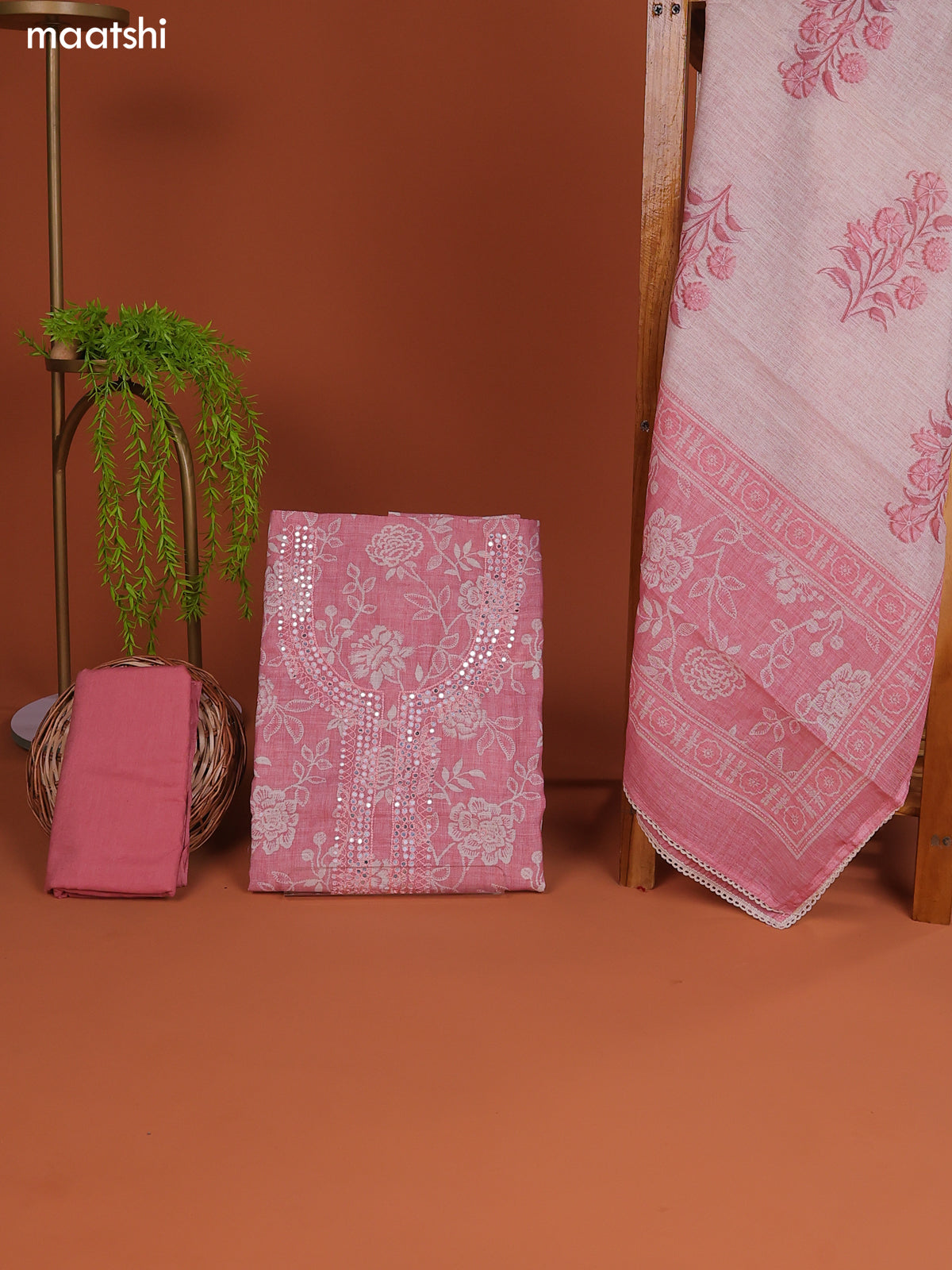 Mauve Pink Linen Cotton Dress Material Prints & Embroidery Work Neck Pattern