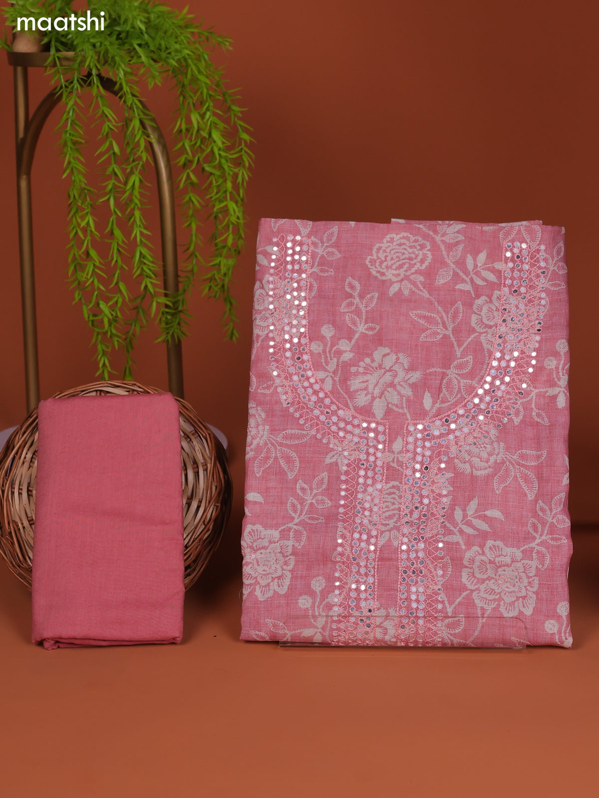 Mauve Pink Linen Cotton Dress Material Prints & Embroidery Work Neck Pattern